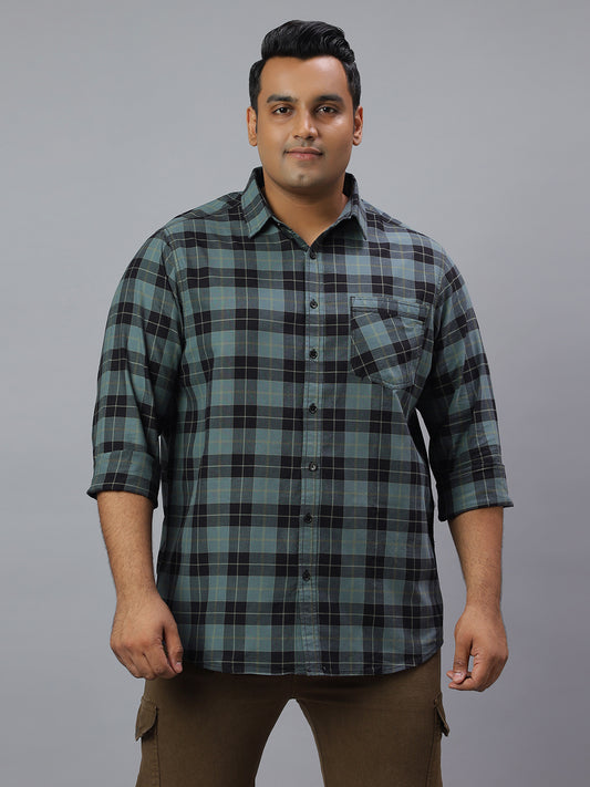 Men Black Mint 1 Pocket Checkered Long Sleeve Cotton Plus Size Casual Shirt