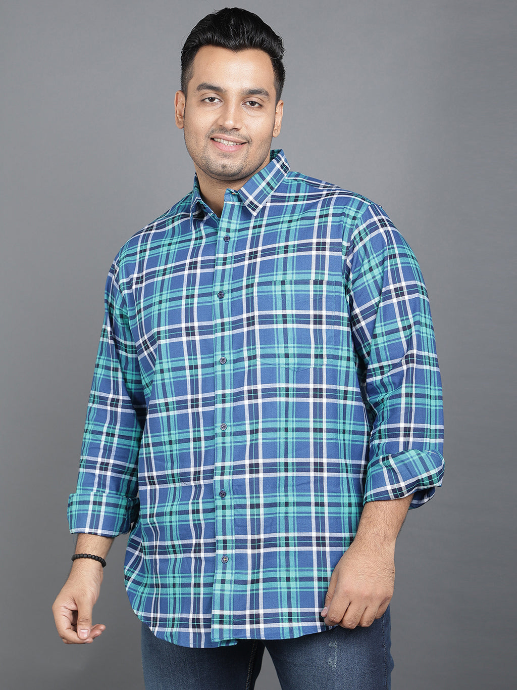 Blue & Green Pure Cotton Plaid Button-Up Shirt.. Style Code NC-2k34