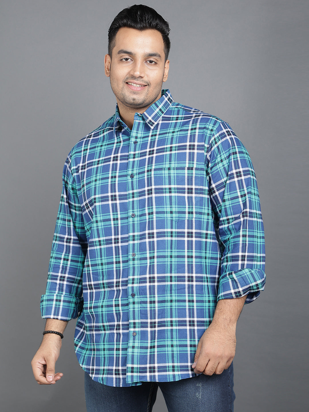 Blue & Green Pure Cotton Plaid Button-Up Shirt.. Style Code NC-2k34