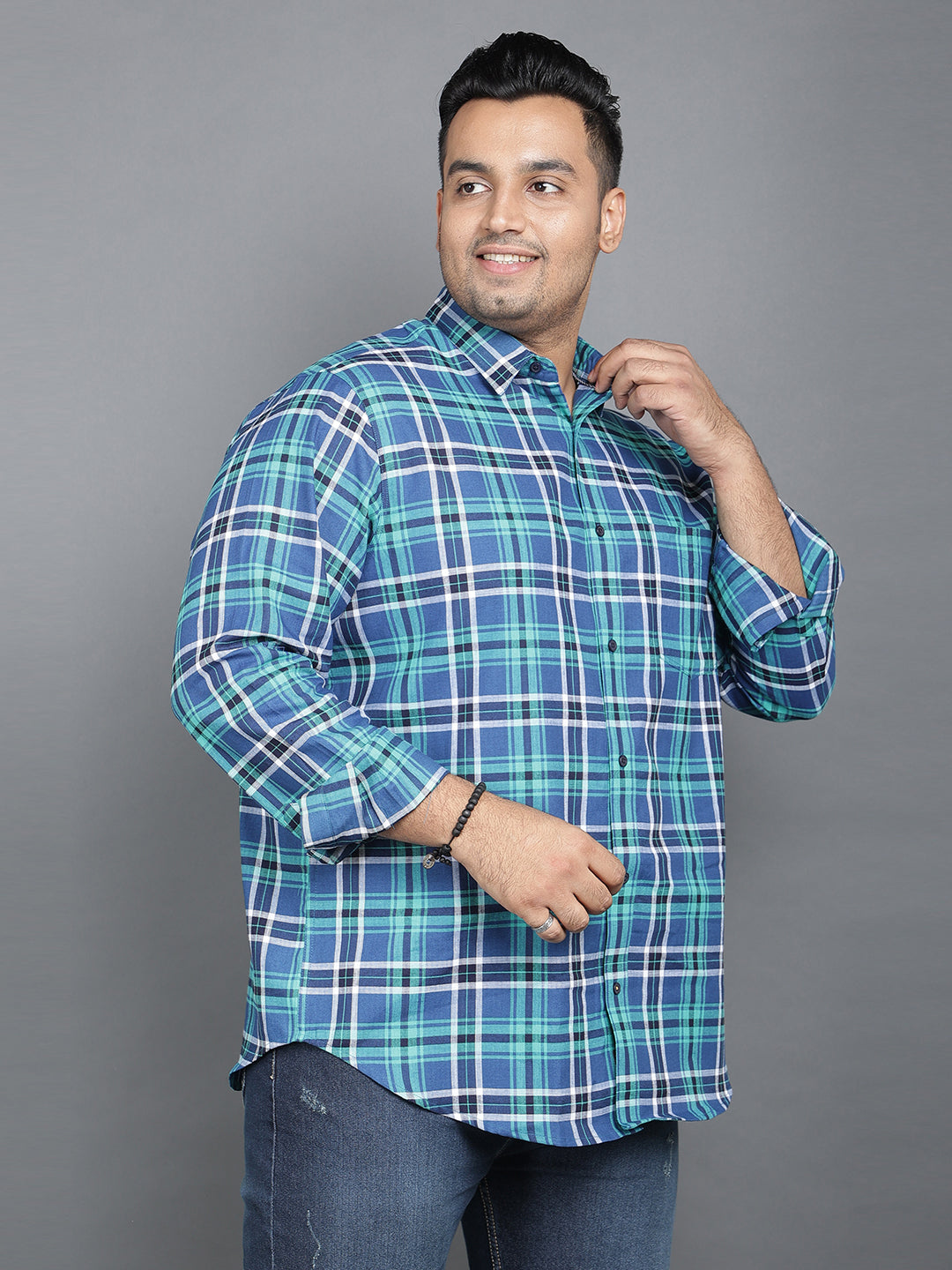 Blue & Green Pure Cotton Plaid Button-Up Shirt.. Style Code NC-2k34