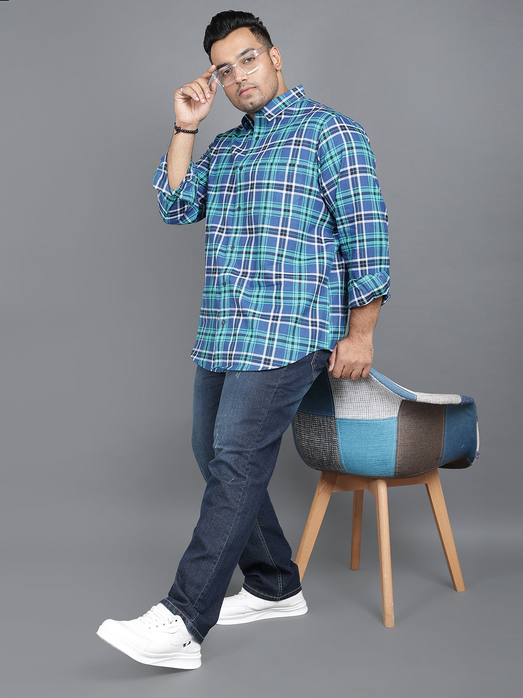 Blue & Green Pure Cotton Plaid Button-Up Shirt.. Style Code NC-2k34