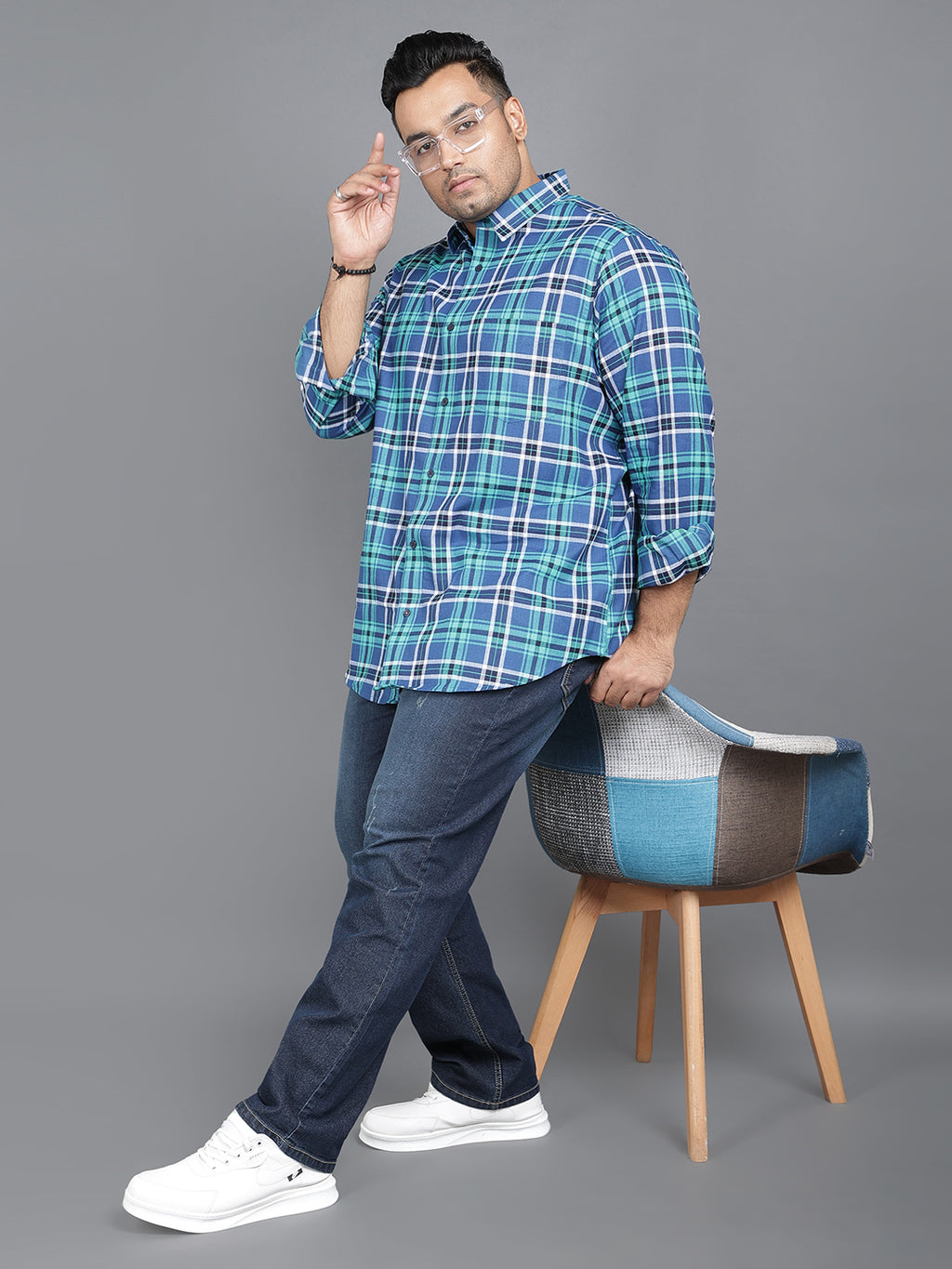 Blue & Green Pure Cotton Plaid Button-Up Shirt.. Style Code NC-2k34