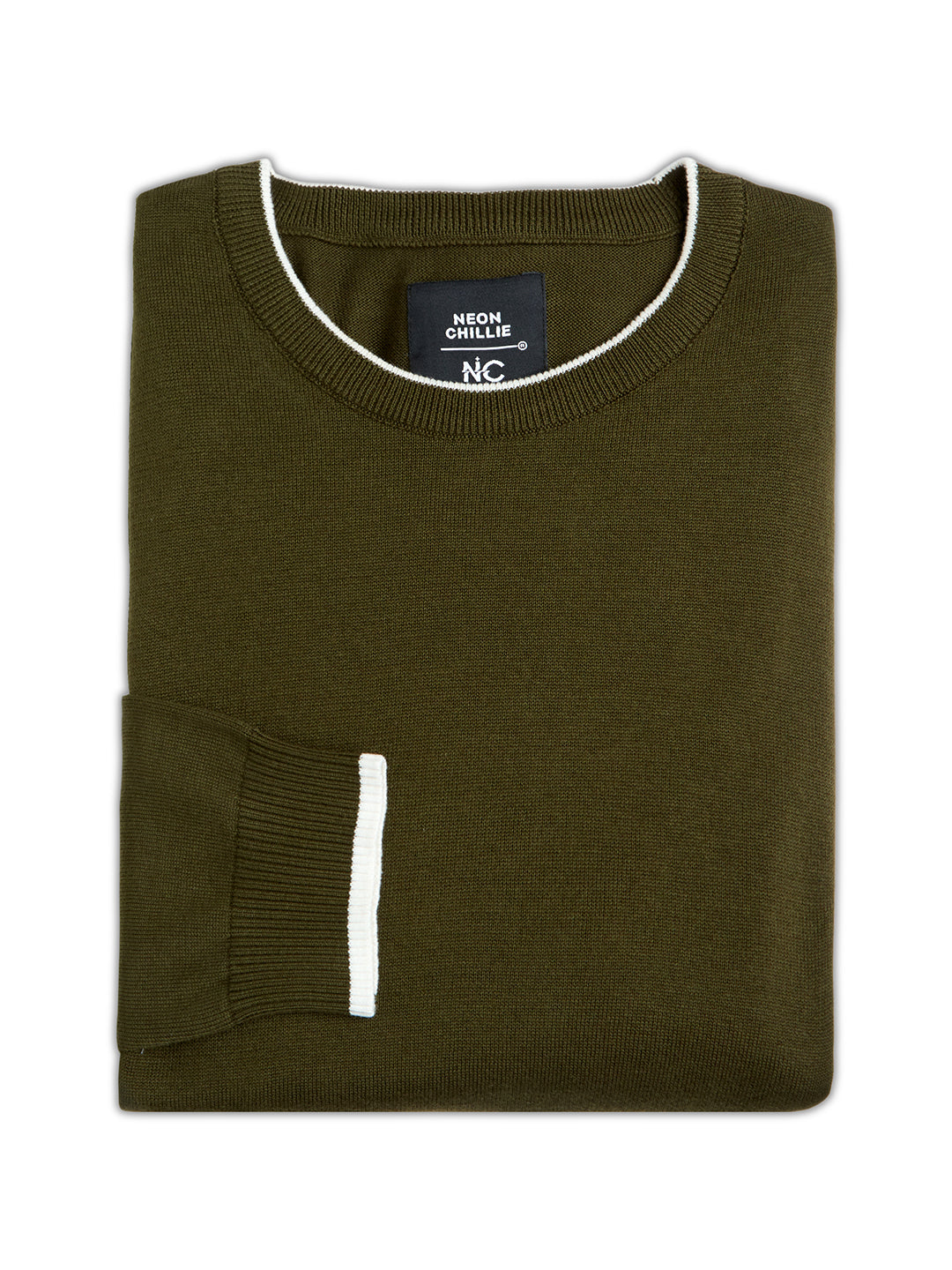 Flat Knit Full Sleeve Polo Ribbed T Shirt  - Olive Green - Style 133