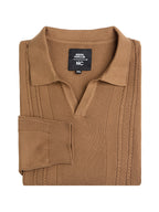 Flat Knit Full Sleeve Polo Ribbed T Shirt  - Khaki - Style 136