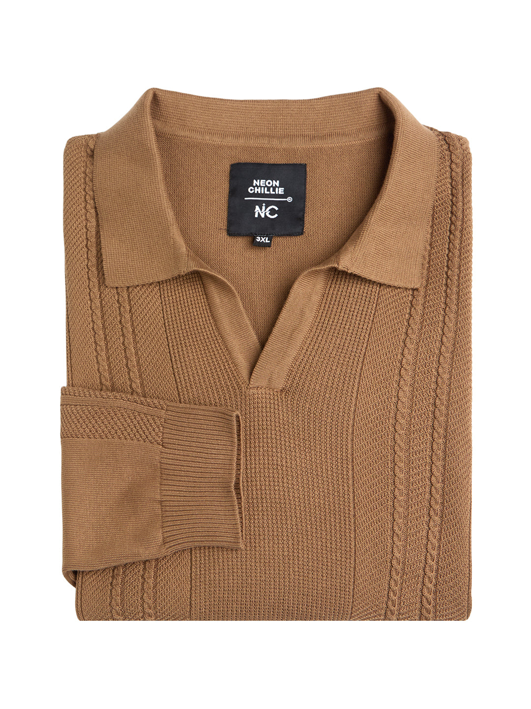Flat Knit Full Sleeve Polo Ribbed T Shirt  - Khaki - Style 136