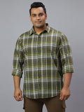 Men Olive and White Slub Checkered Long Sleeve Cotton Plus Size Casual Shirt: Style- NC-2K76-OLIVE