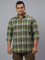 Men Olive and White Slub Checkered Long Sleeve Cotton Plus Size Casual Shirt: Style- NC-2K76-OLIVE