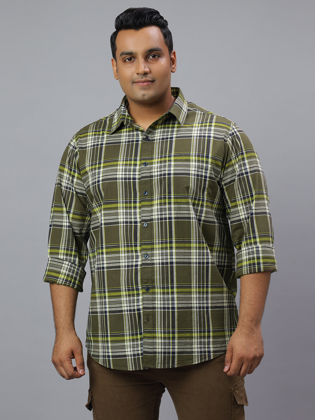 Men Olive and White Slub Checkered Long Sleeve Cotton Plus Size Casual Shirt: Style- NC-2K76-OLIVE