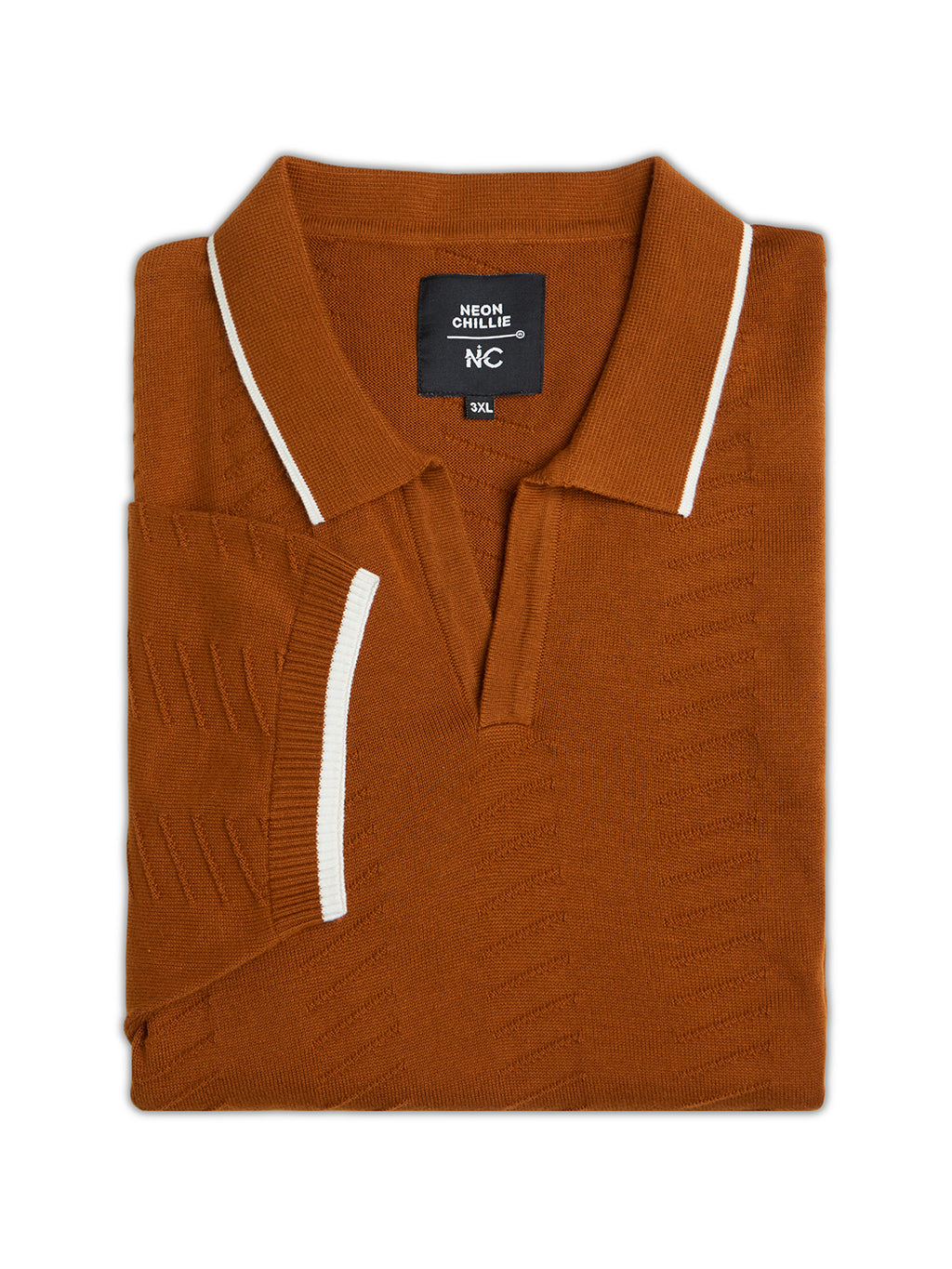 Flat Knit Half Sleeve Polo Ribbed T Shirt  - Rust - Style 138-Rust