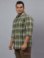 Men Olive and White Slub Checkered Long Sleeve Cotton Plus Size Casual Shirt: Style- NC-2K76-OLIVE