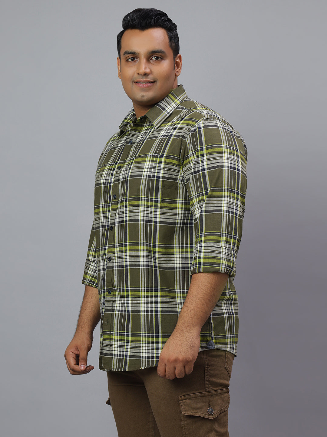 Men Olive and White Slub Checkered Long Sleeve Cotton Plus Size Casual Shirt