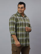 Men Olive and White Slub Checkered Long Sleeve Cotton Plus Size Casual Shirt: Style- NC-2K76-OLIVE