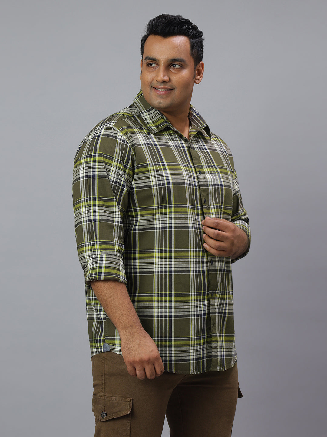 Men Olive and White Slub Checkered Long Sleeve Cotton Plus Size Casual Shirt