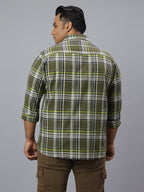 Men Olive and White Slub Checkered Long Sleeve Cotton Plus Size Casual Shirt: Style- NC-2K76-OLIVE