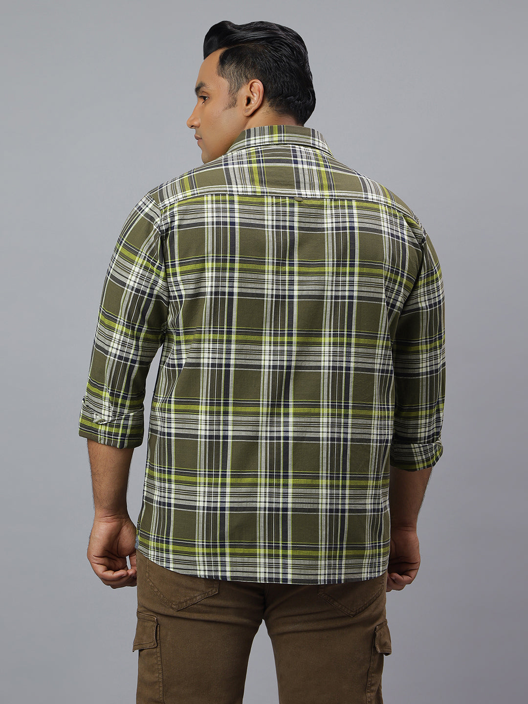 Men Olive and White Slub Checkered Long Sleeve Cotton Plus Size Casual Shirt