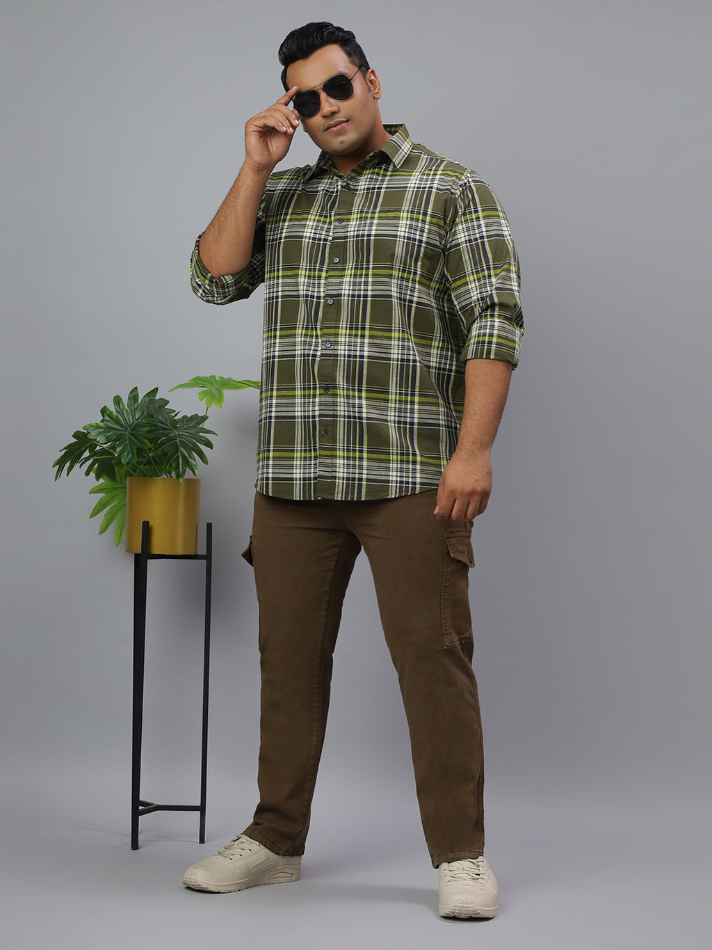 Men Olive and White Slub Checkered Long Sleeve Cotton Plus Size Casual Shirt: Style- NC-2K76-OLIVE