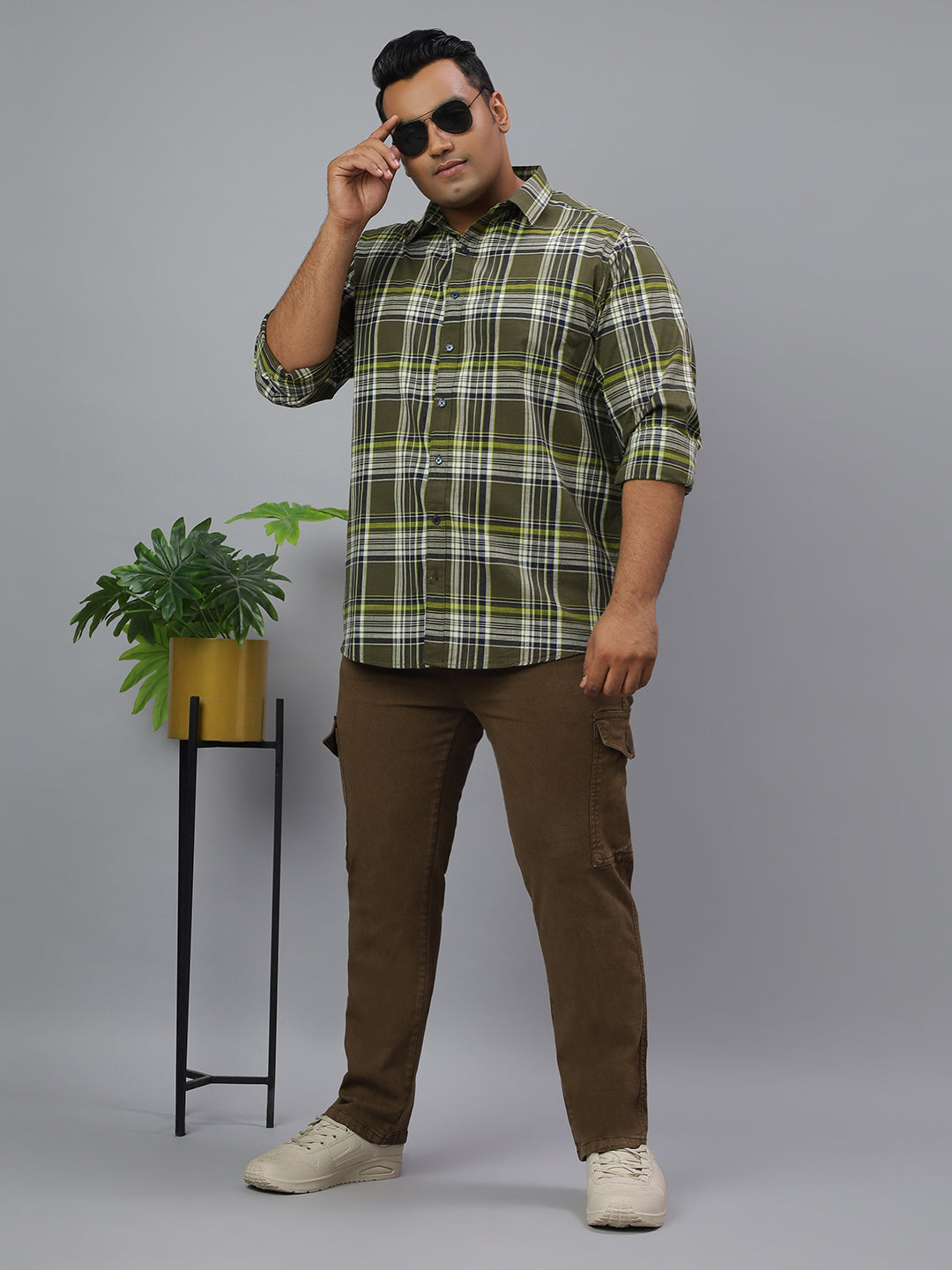 Men Olive and White Slub Checkered Long Sleeve Cotton Plus Size Casual Shirt
