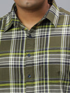 Men Olive and White Slub Checkered Long Sleeve Cotton Plus Size Casual Shirt: Style- NC-2K76-OLIVE