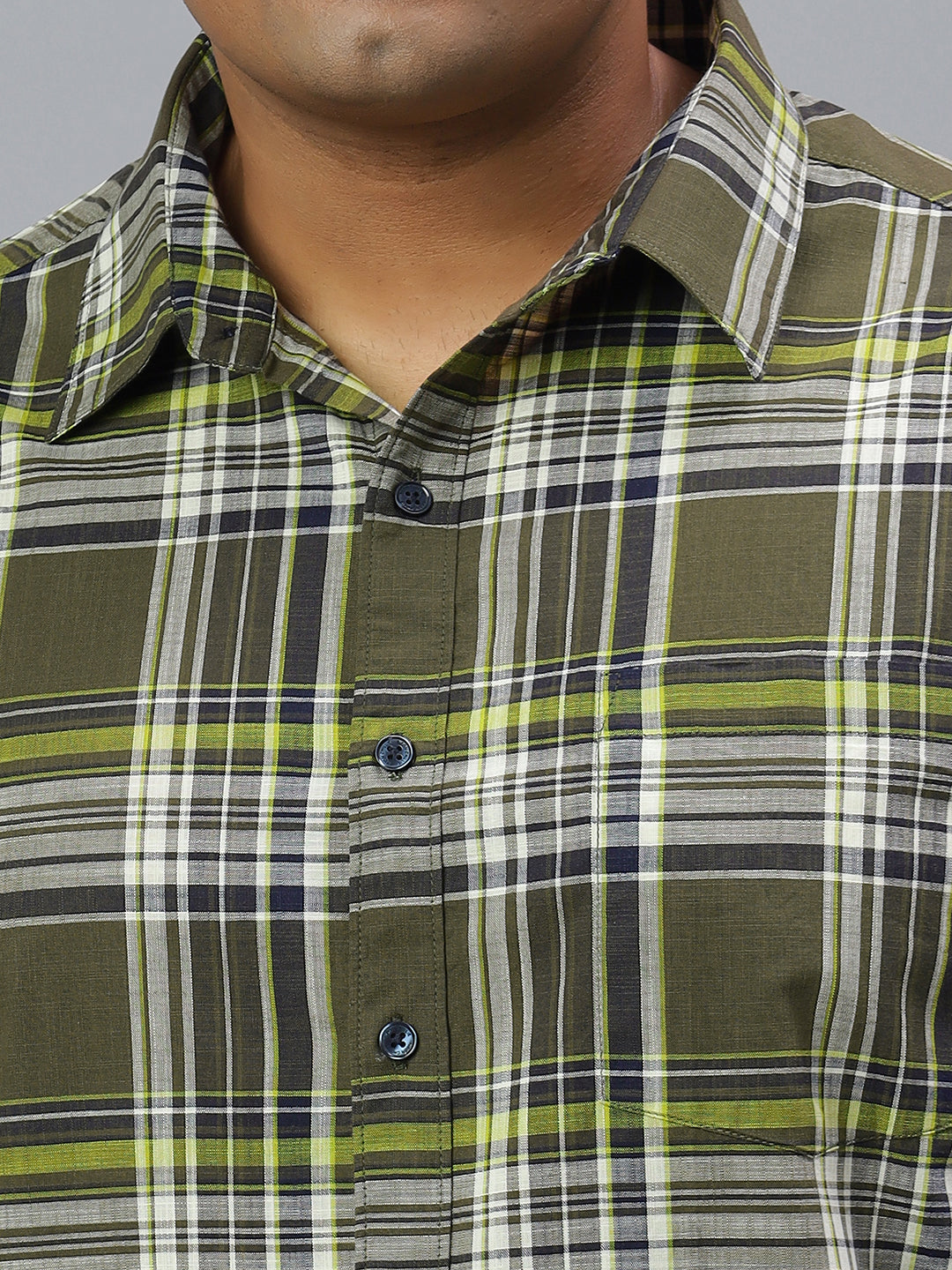 Men Olive and White Slub Checkered Long Sleeve Cotton Plus Size Casual Shirt