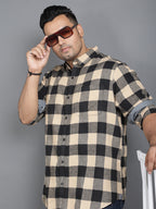 Men Brushed Flannel Black and Beige Checkered Classic Fit 1 Pocket Smart Casual Shirt