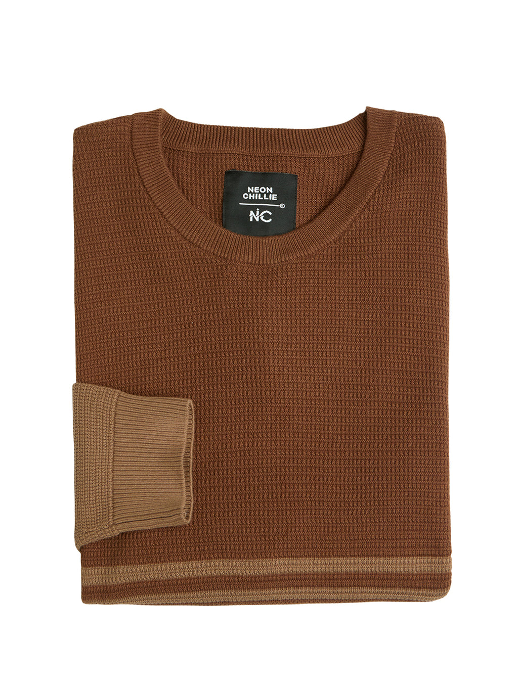 Flat Knit Full Sleeve Polo Ribbed T Shirt  - Brown - Style 135