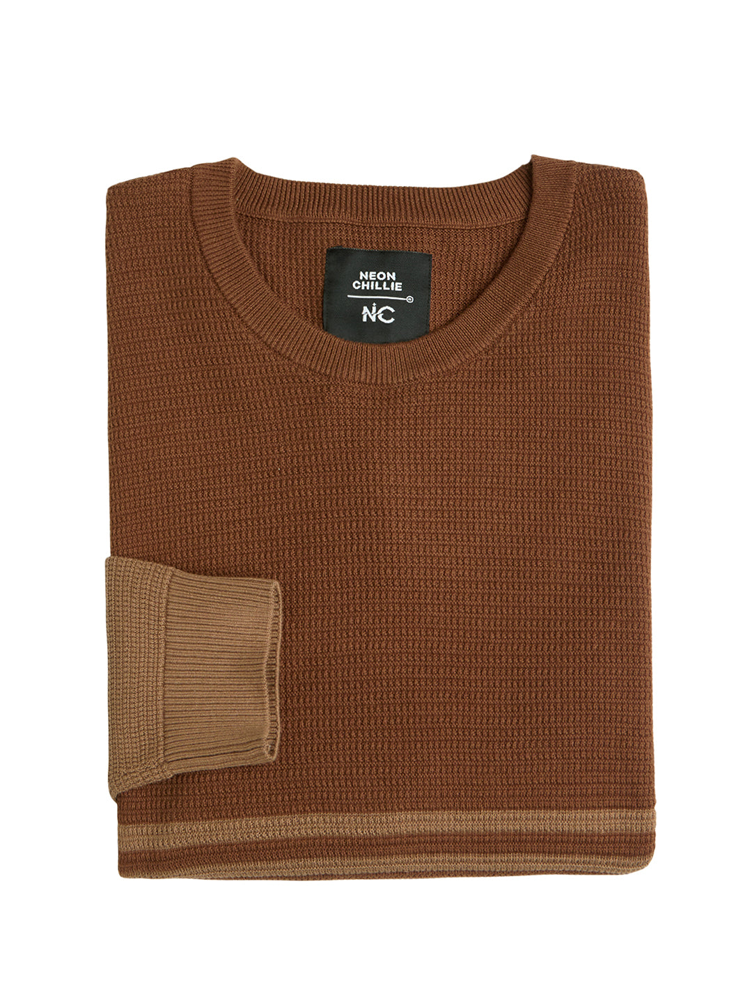 Flat Knit Full Sleeve Polo Ribbed T Shirt  - Brown - Style 135