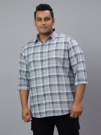 Men Grey and White Checkered Long Sleeve Cotton Plus Size Casual Shirt