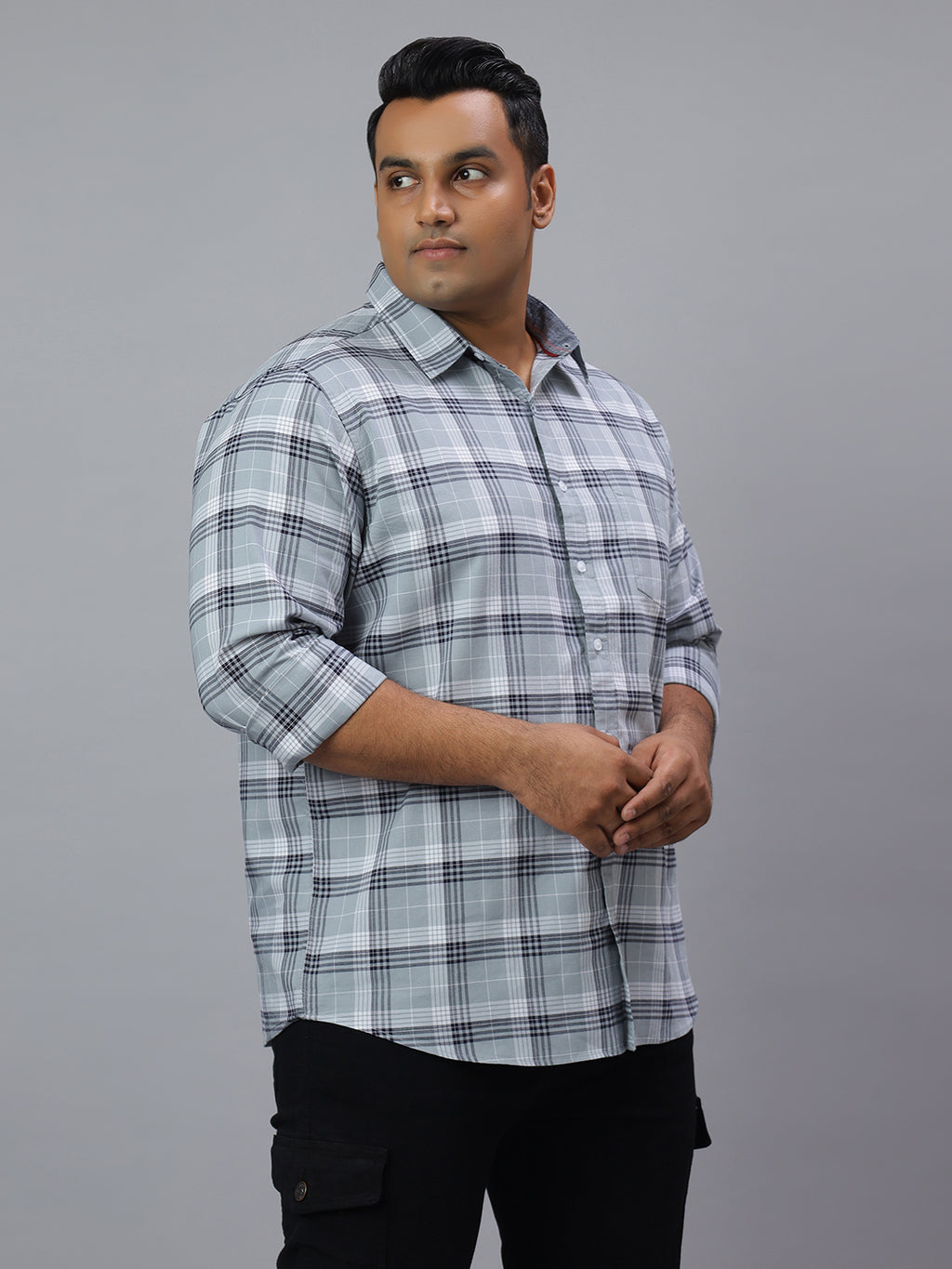 Men Grey and White Checkered Long Sleeve Cotton Plus Size Casual Shirt