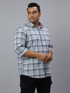 Men Grey and White Checkered Long Sleeve Cotton Plus Size Casual Shirt