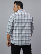 Men Grey and White Checkered Long Sleeve Cotton Plus Size Casual Shirt