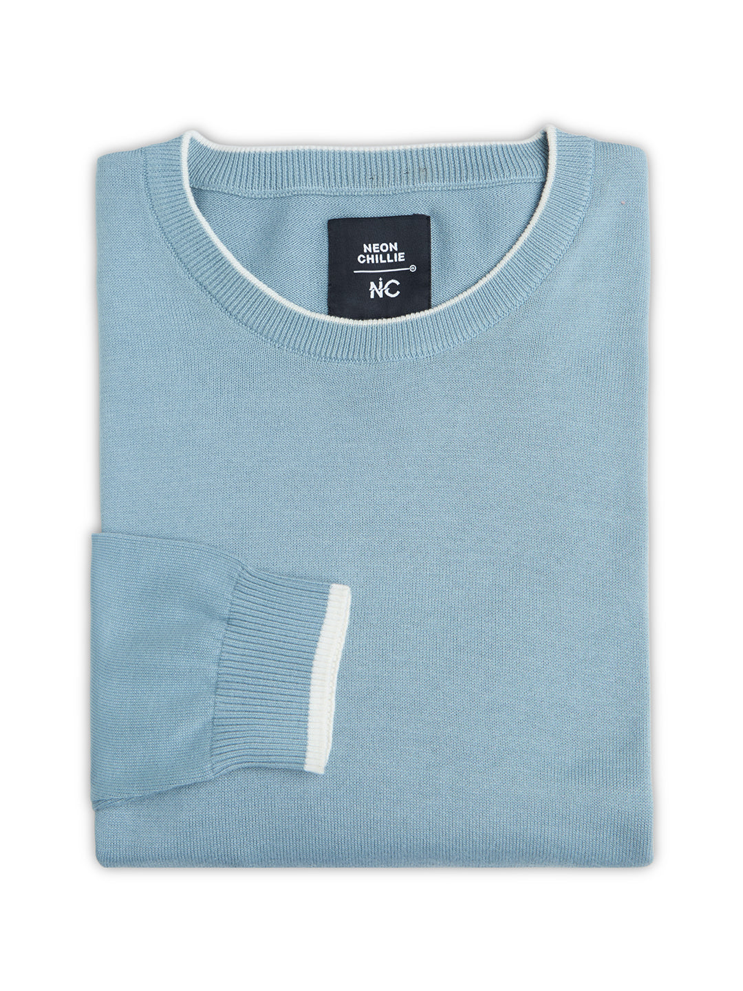 Flat Knit Full Sleeve Polo Ribbed T Shirt  - Light Blue - Style 133