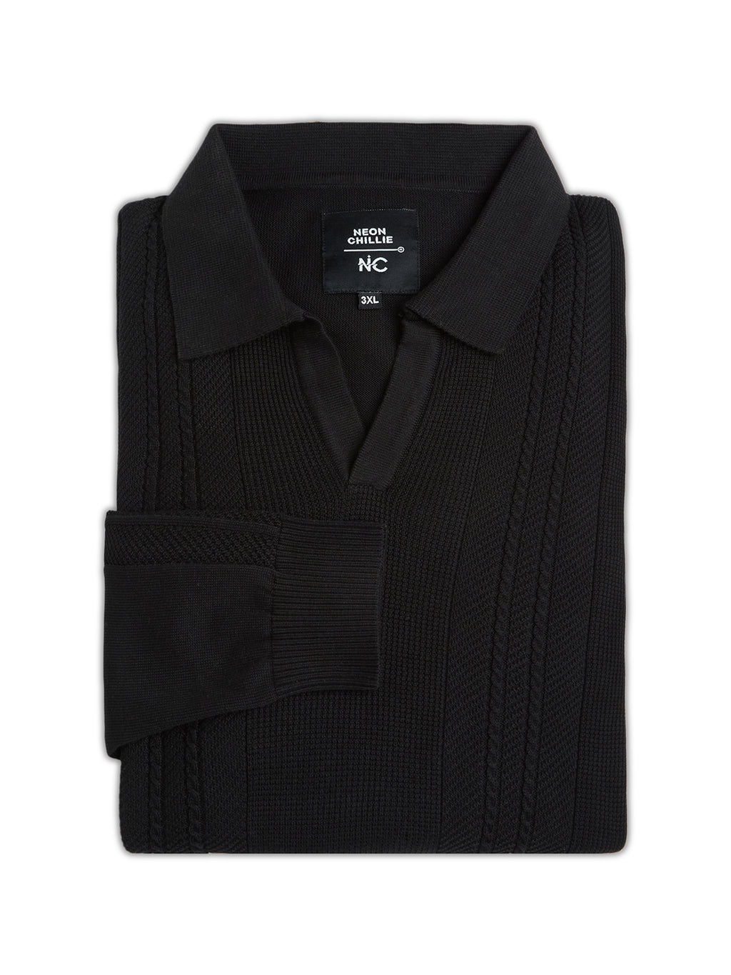 Flat Knit Full Sleeve Polo Ribbed T Shirt  - Black - Style 136