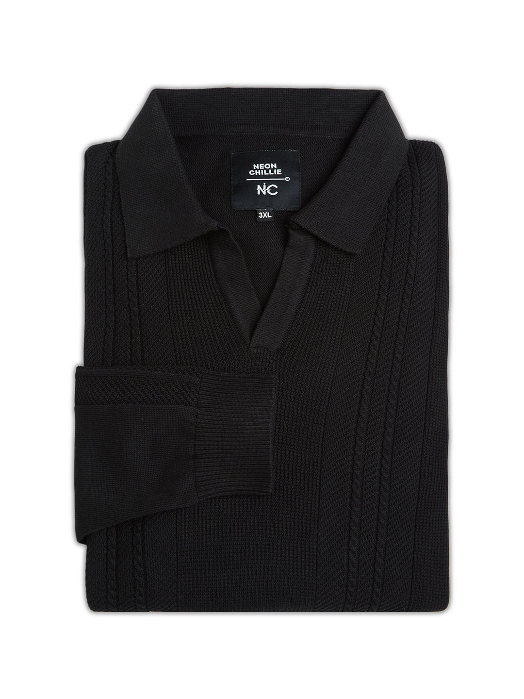 Flat Knit Full Sleeve Polo Ribbed T Shirt  - Black - Style 136