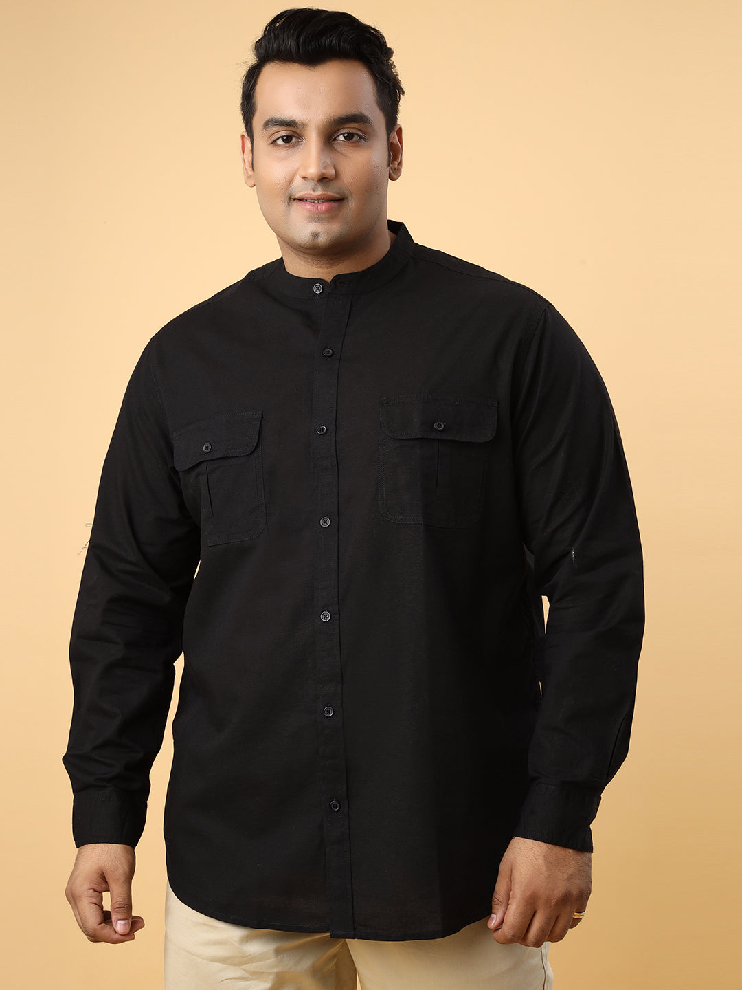 Men Cotton Linen 2 Pocket Flap Regular Fit Smart Casual Shirt - Style- NC-2k53-Black