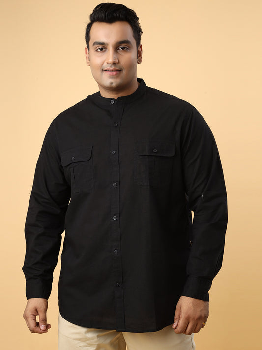 Men Cotton Linen 2 Pocket Flap Regular Fit Smart Casual Shirt - Style- NC-2k53-Black