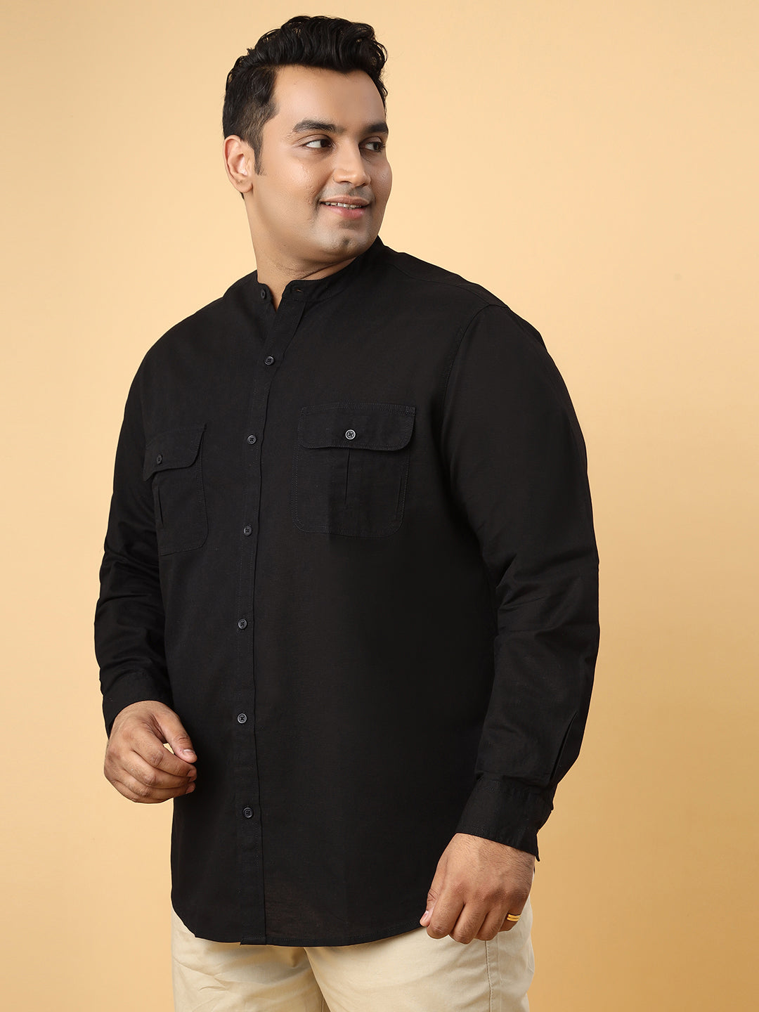 Men Cotton Linen 2 Pocket Flap Regular Fit Smart Casual Shirt - Style- NC-2k53-Black