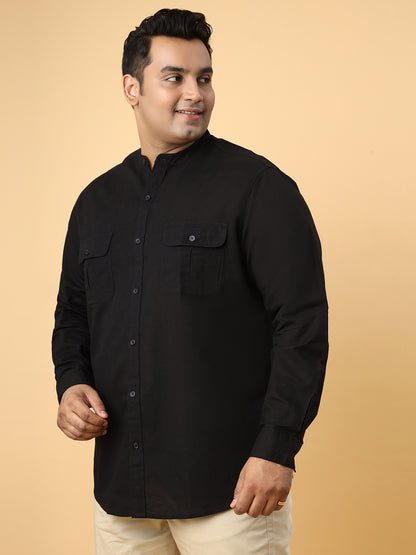 Men Cotton Linen 2 Pocket Flap Regular Fit Smart Casual Shirt - Style- NC-2k53-Black