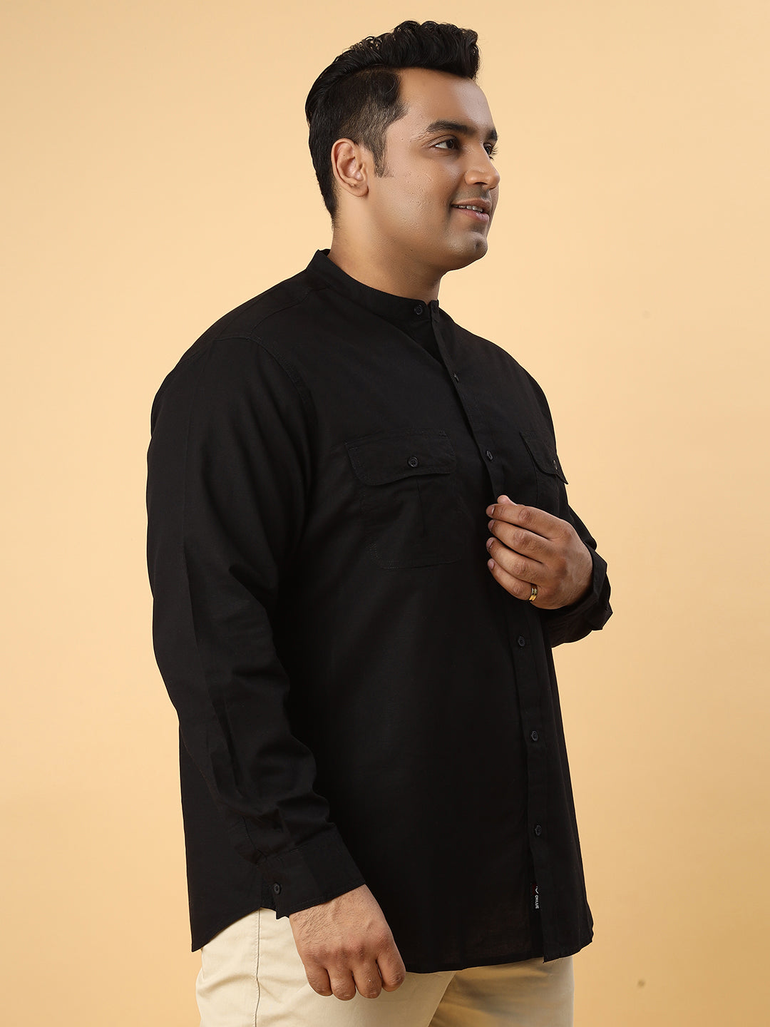 Men Cotton Linen 2 Pocket Flap Regular Fit Smart Casual Shirt - Style- NC-2k53-Black