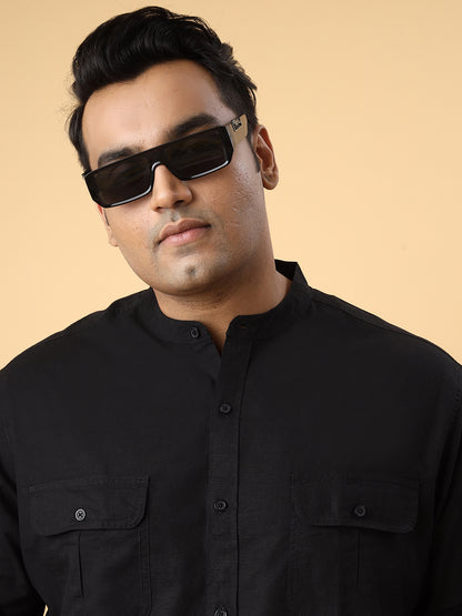 Men Cotton Linen 2 Pocket Flap Regular Fit Smart Casual Shirt - Style- NC-2k53-Black