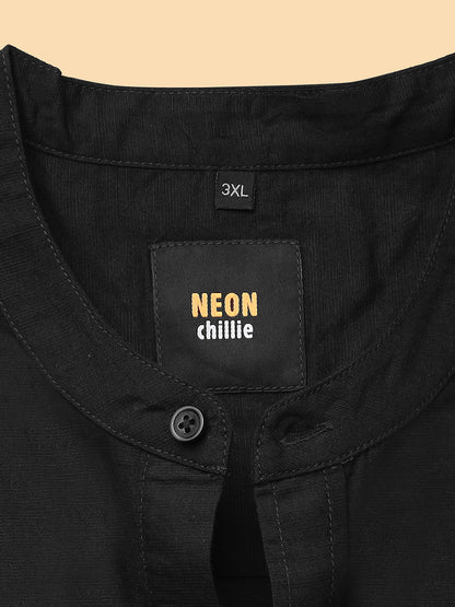 Men Cotton Linen 2 Pocket Flap Regular Fit Smart Casual Shirt - Style- NC-2k53-Black