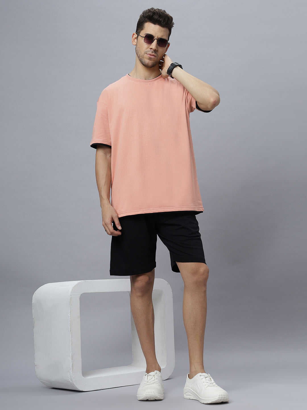Drop-Shoulder Sleeves Heavy GSM Pure Cotton Oversize Fit T-shirt (NC-OS-102-Pink)