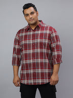 Men Maroon and White Slub Checkered Long Sleeve Cotton Plus Size Casual Shirt