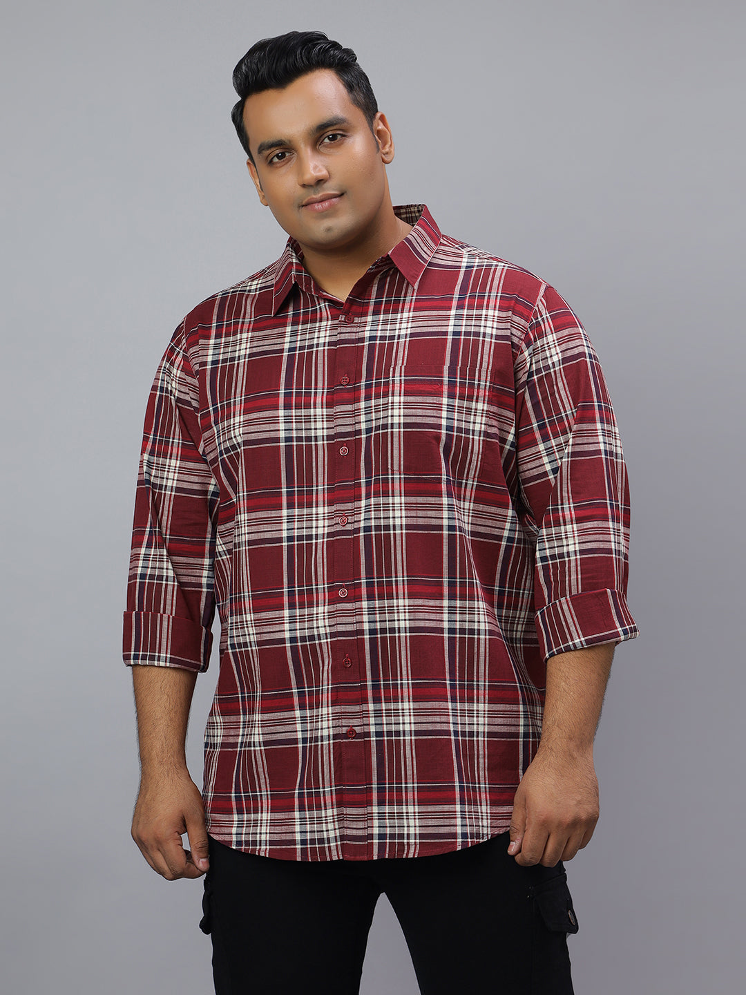 Men Maroon and White Slub Checkered Long Sleeve Cotton Plus Size Casual Shirt