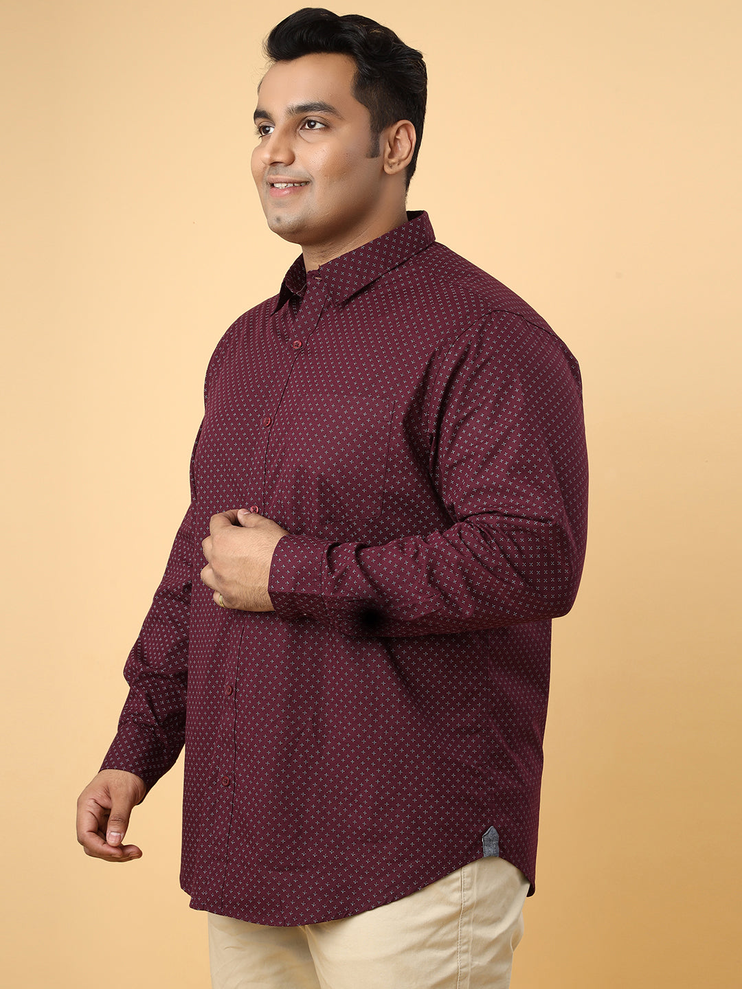 Men Printed Premium Cotton Maroon Smart Casual Plus Size Full Shirt (NC-2K54)