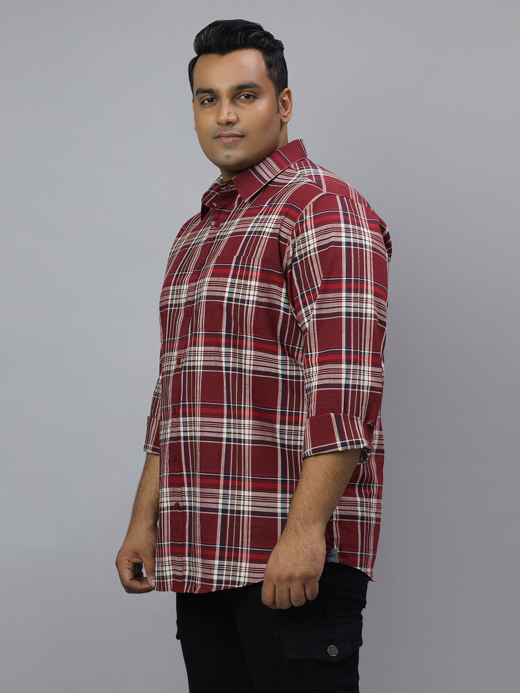 Men Maroon and White Slub Checkered Long Sleeve Cotton Plus Size Casual Shirt