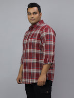 Men Maroon and White Slub Checkered Long Sleeve Cotton Plus Size Casual Shirt