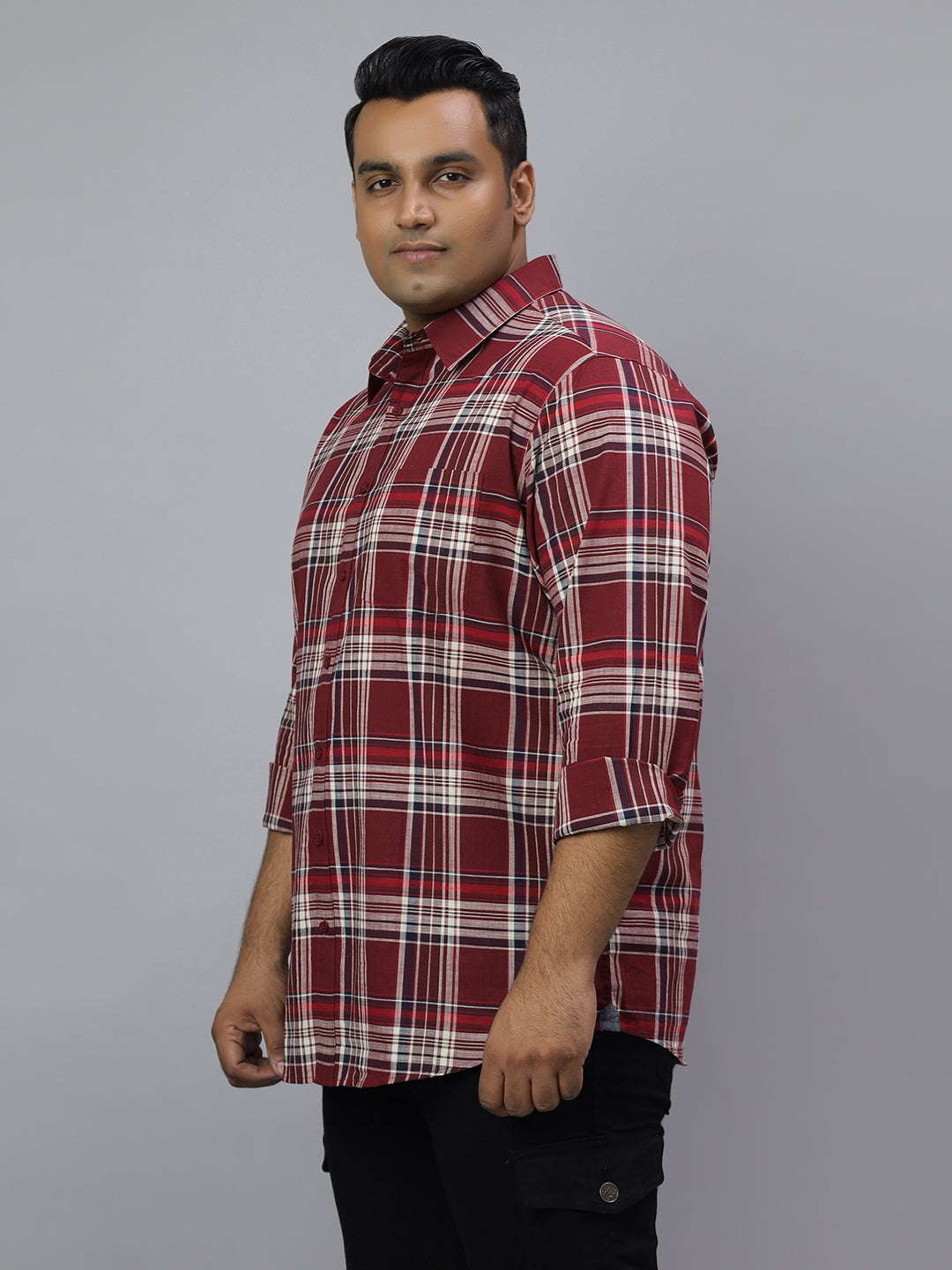 Men Maroon and White Slub Checkered Long Sleeve Cotton Plus Size Casual Shirt