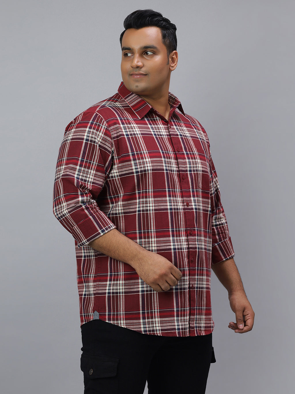 Men Maroon and White Slub Checkered Long Sleeve Cotton Plus Size Casual Shirt