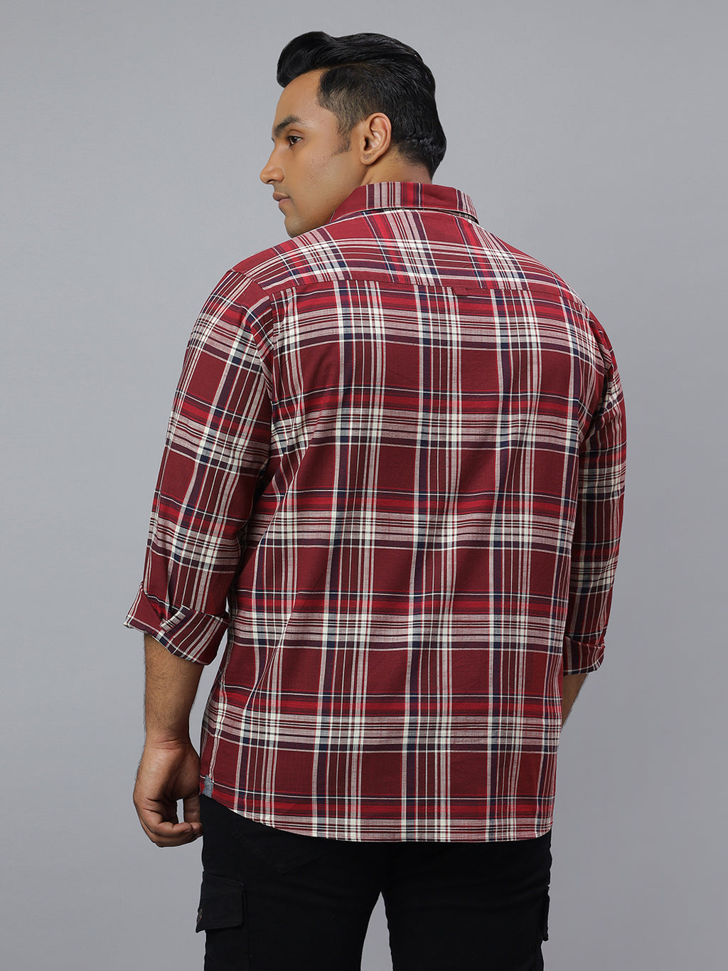 Men Maroon and White Slub Checkered Long Sleeve Cotton Plus Size Casual Shirt