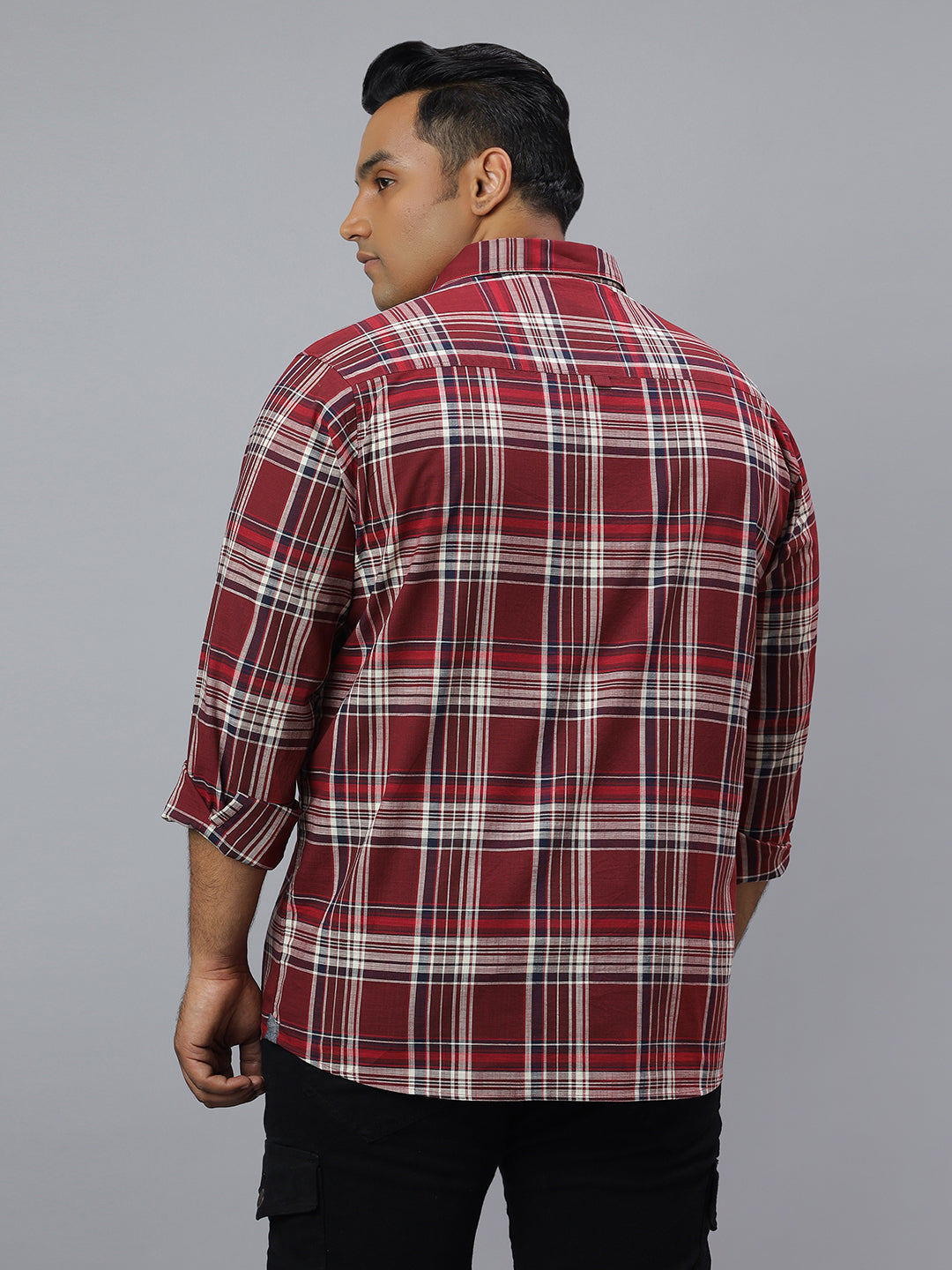 Men Maroon and White Slub Checkered Long Sleeve Cotton Plus Size Casual Shirt